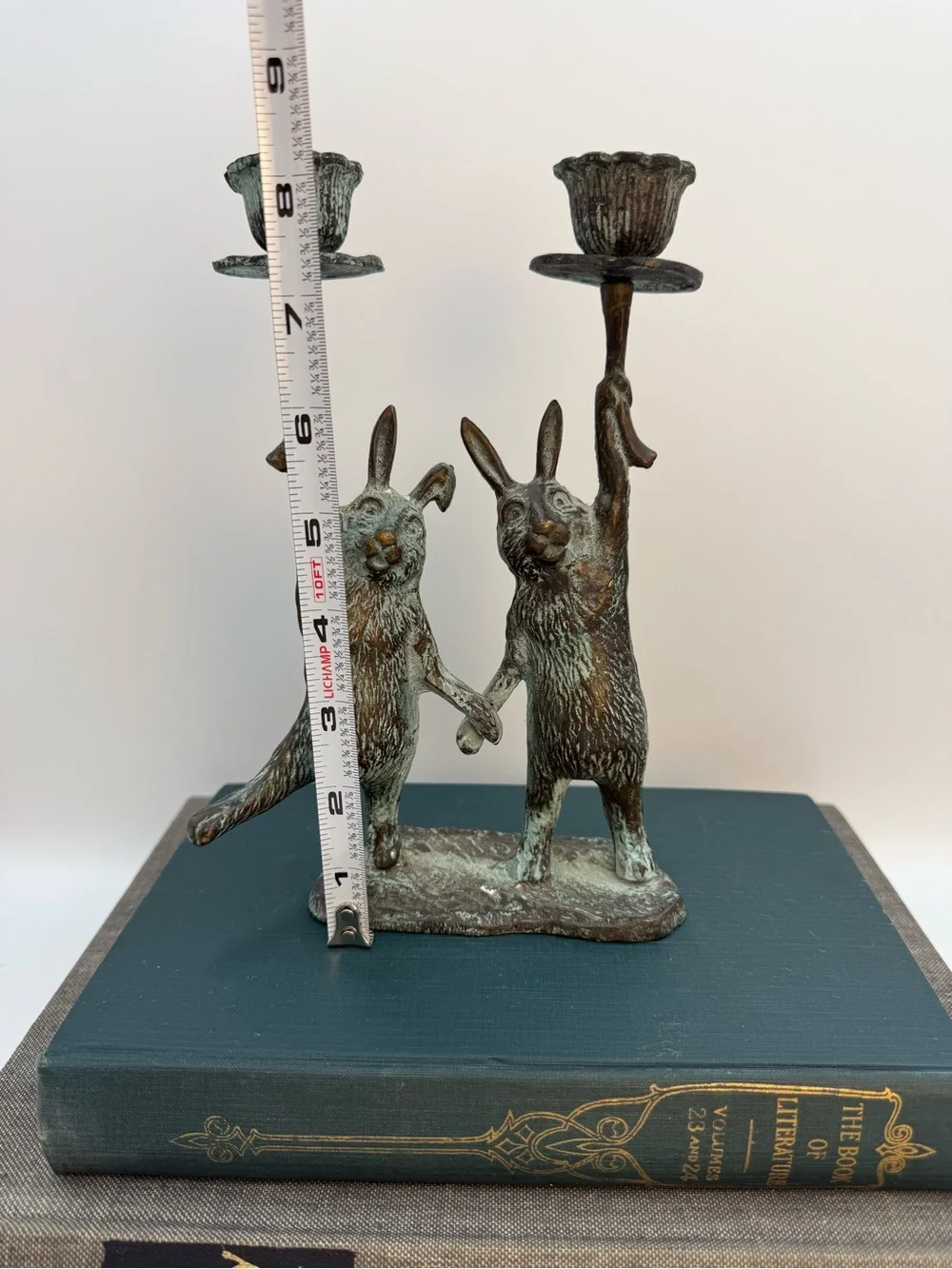 Vintage Bronze with Verdigris Rabbit Candlestick Holders